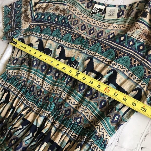 Vintage Phool Maxi Dress South West Folk Horse Print Indian Broomstick Button‎ M - Picture 7 of 9